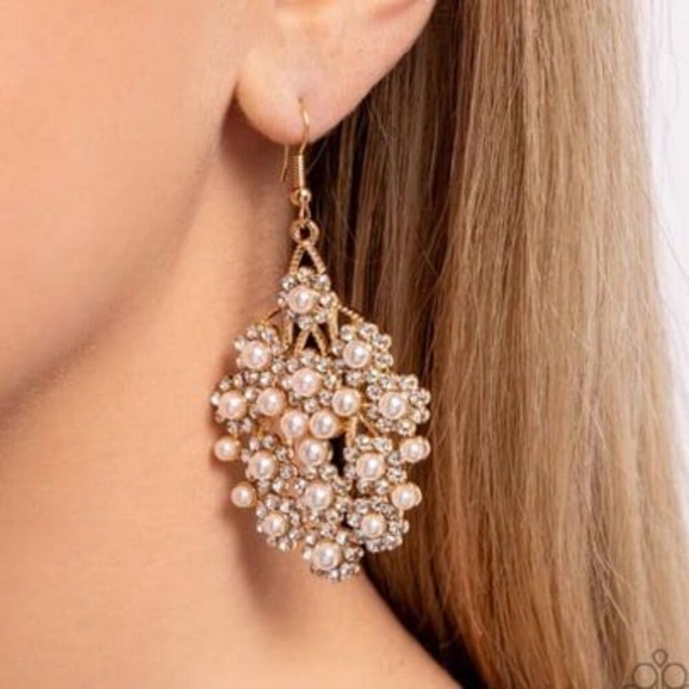 Paparazzi Nautical Netting Pearl Drop Earrings Gold Rhinestone Pierced party New